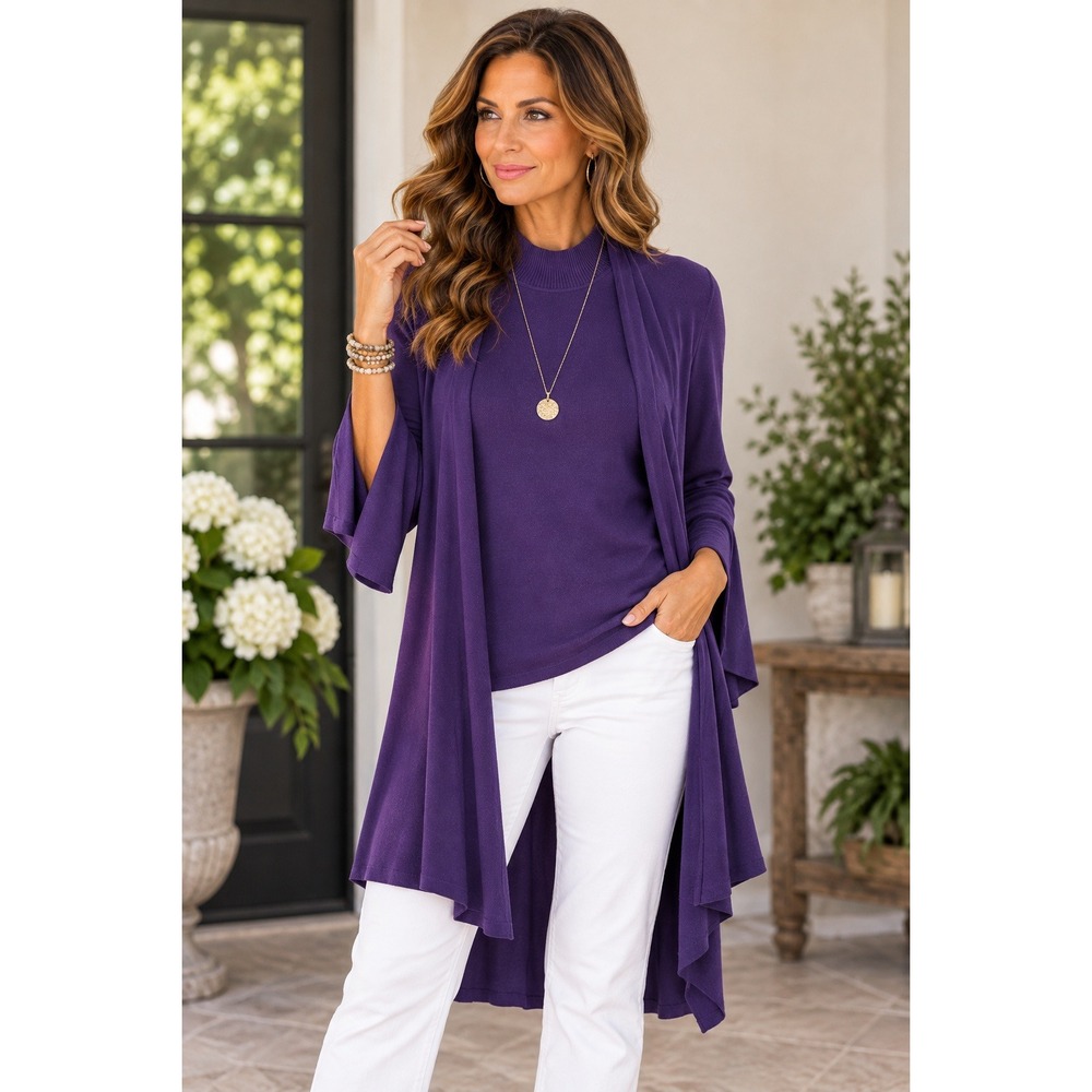 Chico's Purple 2 Piece Sweater Set Cardigan Bell Sleeve Mock Neck Tank Top L M